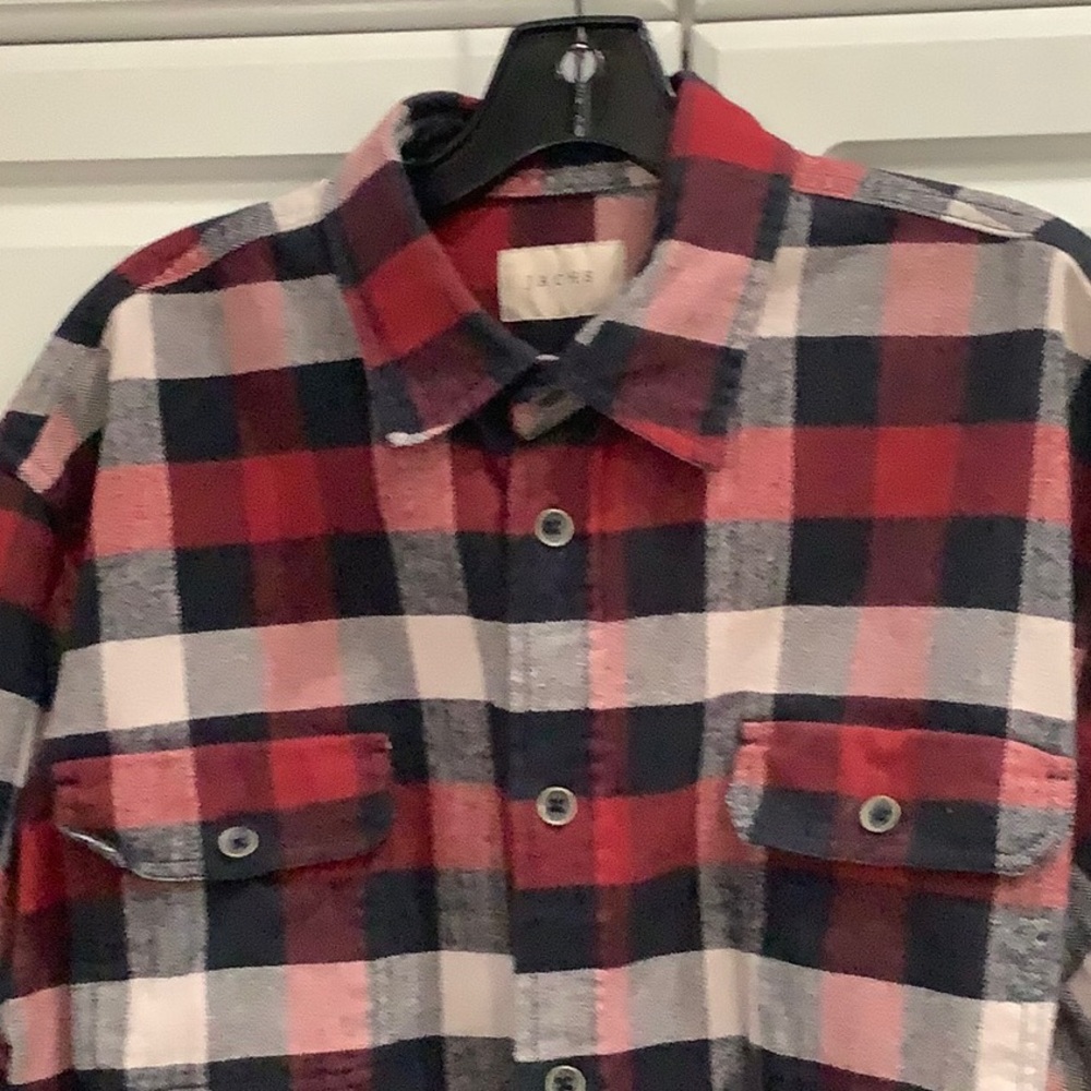Jachs Button Up Plaid Heavy Flannel Shirt Red Navy Blue Long Sleeves Mens Sz XL